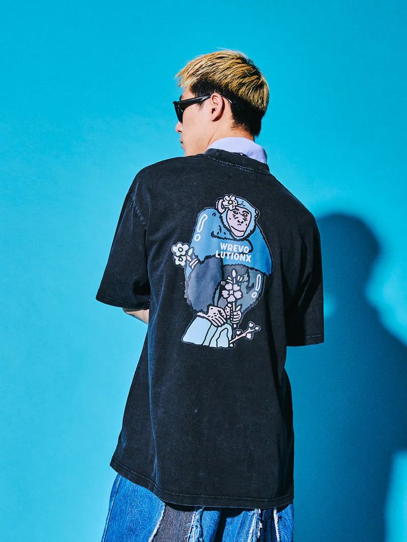 WREVOLUTIONX by WooLeeX（レボリューションエックス バイ ウーリーエックス）の「Sakura Animals Black Denim Washed T-Shirt (Ape)（Tops）」