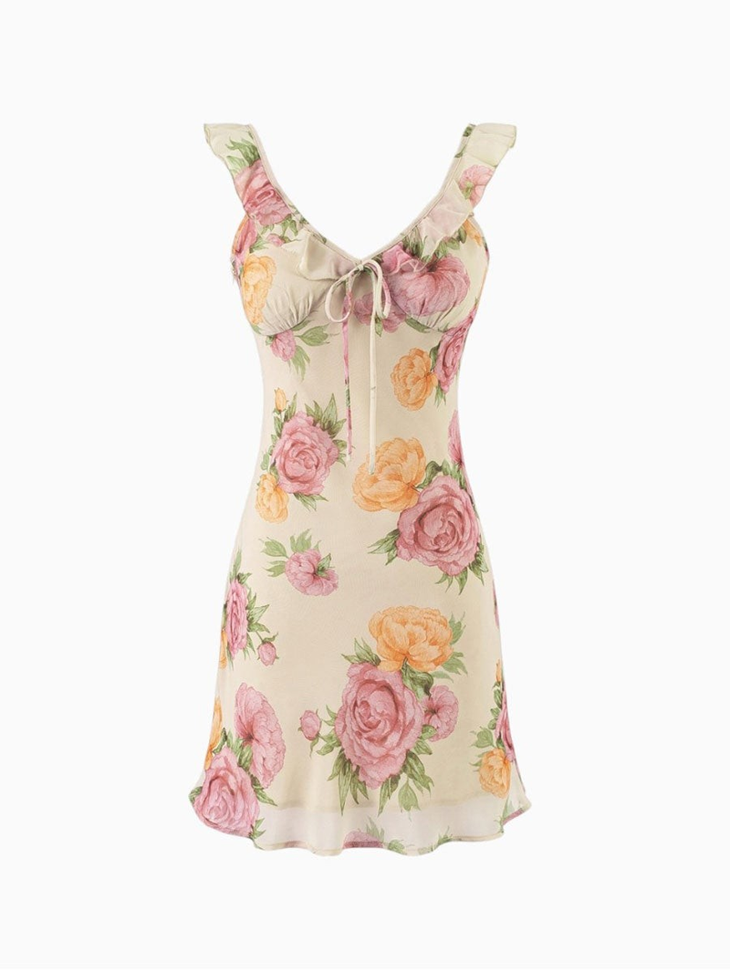 VINTAGE ROSE RUFFLE-STRAP MINI DRESS