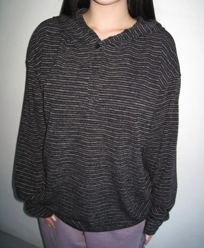 [UNISEX] 1345 Striped Henley Neck Hoodie (4 Colors)