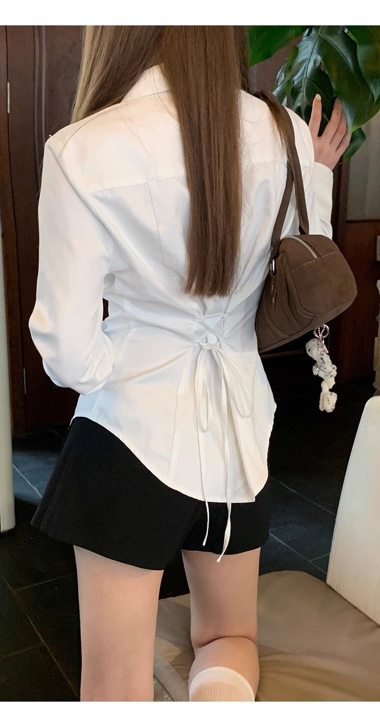 White V-neck Frill Style Long-Sleeved Shirt