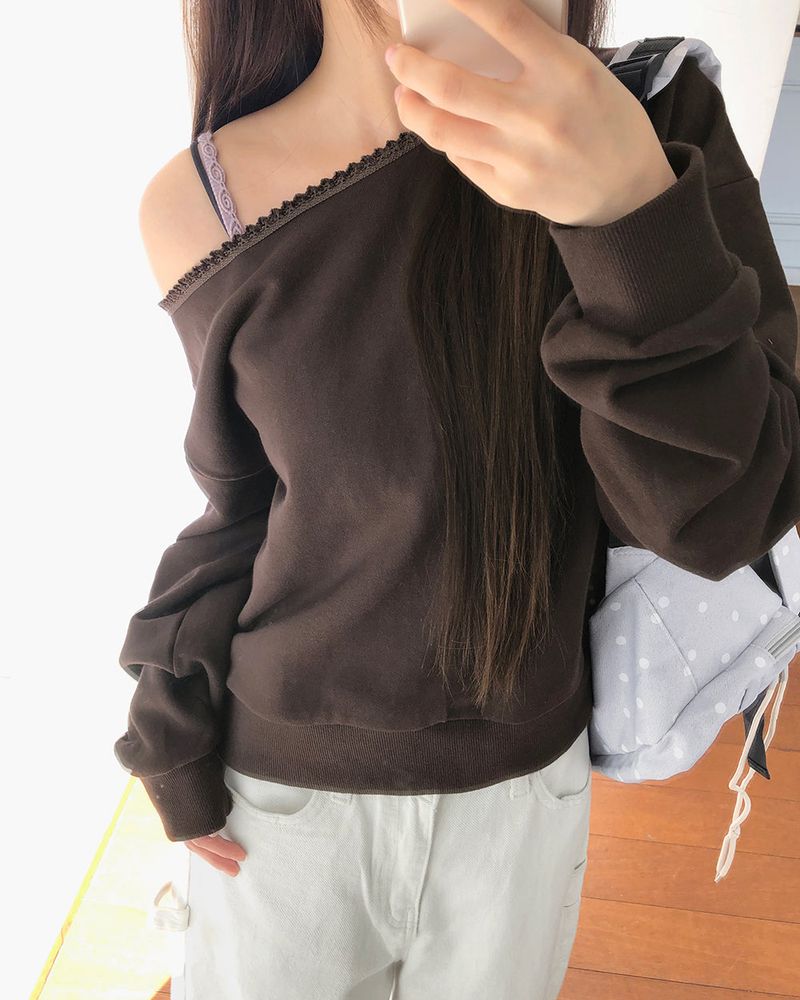 Dosi Lace One Off-Shoulder Long Sleeve Sweatshirt