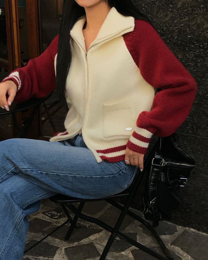 [ORIGINAL] Tard Color-Block Raglan Knit Zip-Up