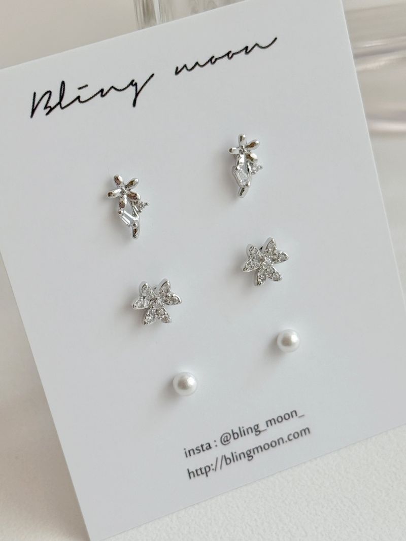 [3 set] spring flower earring set / 2 color / cubic pearl spring simple daily mini 
