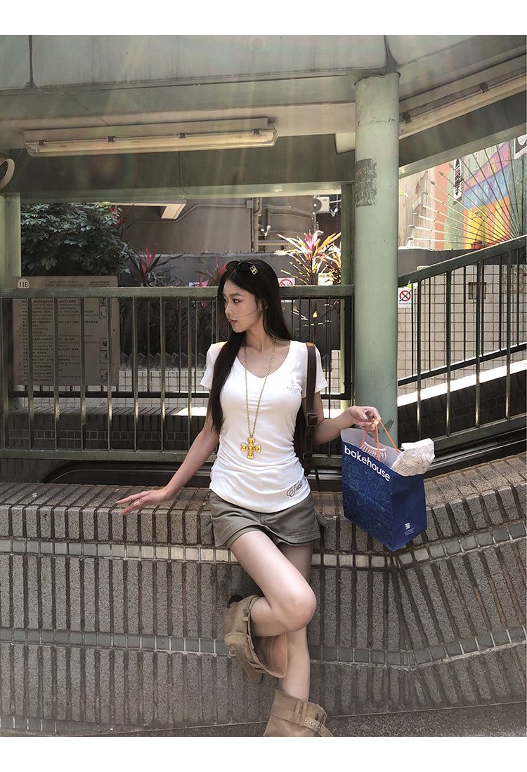 khaki cotton mini pants skirt