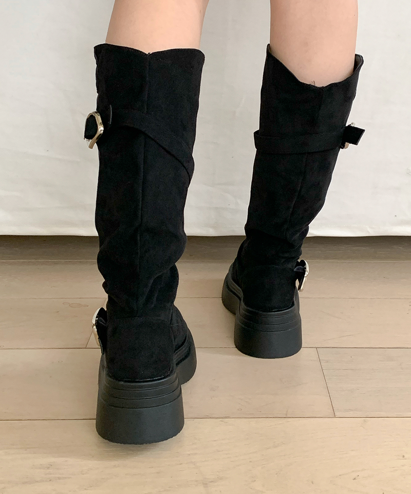 line suede buckle slouch long bootS