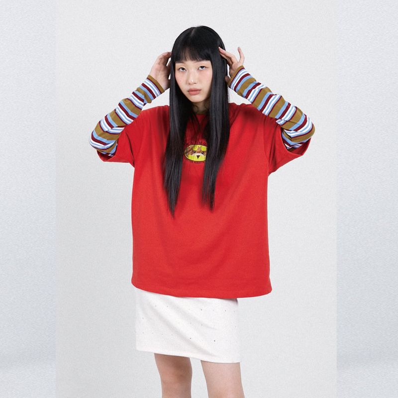 cottonrebirthclub（コットンリバースクラブ）の「シャムドアートワークストライプTシャツ (カーキ)（トップス）」