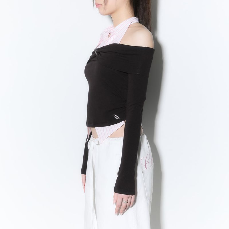 (3rd reorder) shirts layered off shoulder top - brown