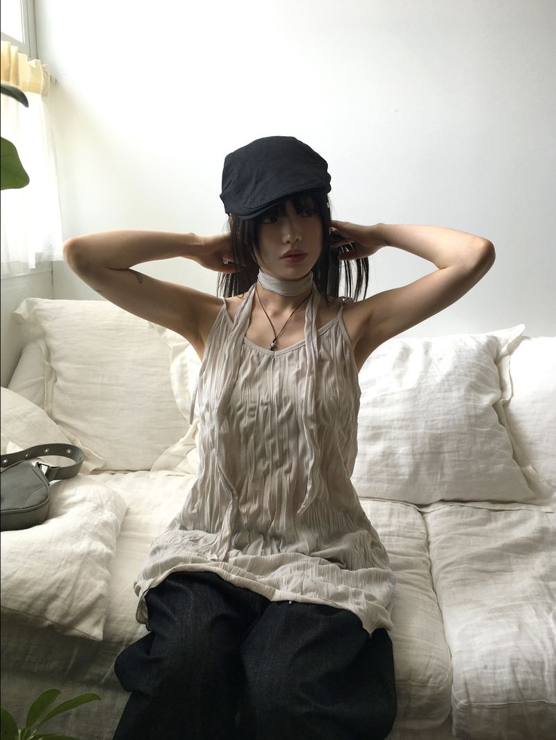 [Muffler set] Lucing Wrinkle Ribbon Strap Sleeveless Dress