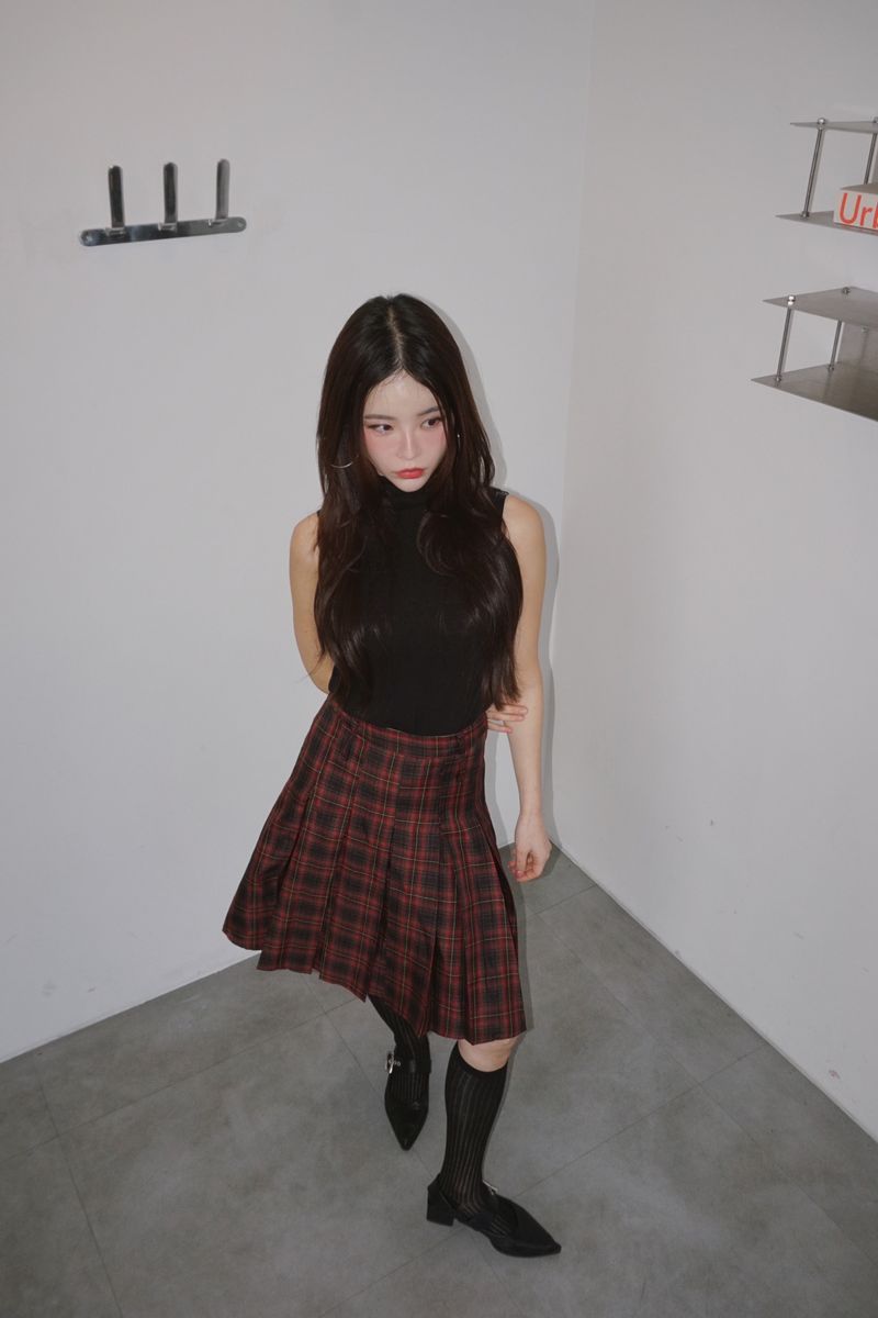 Red Preppy Checkered Midi Pleats Skirt