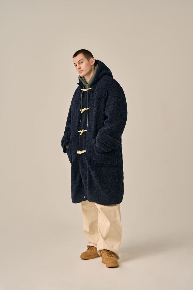 DUFFLE FLEECE HOODED COAT - NAVY
