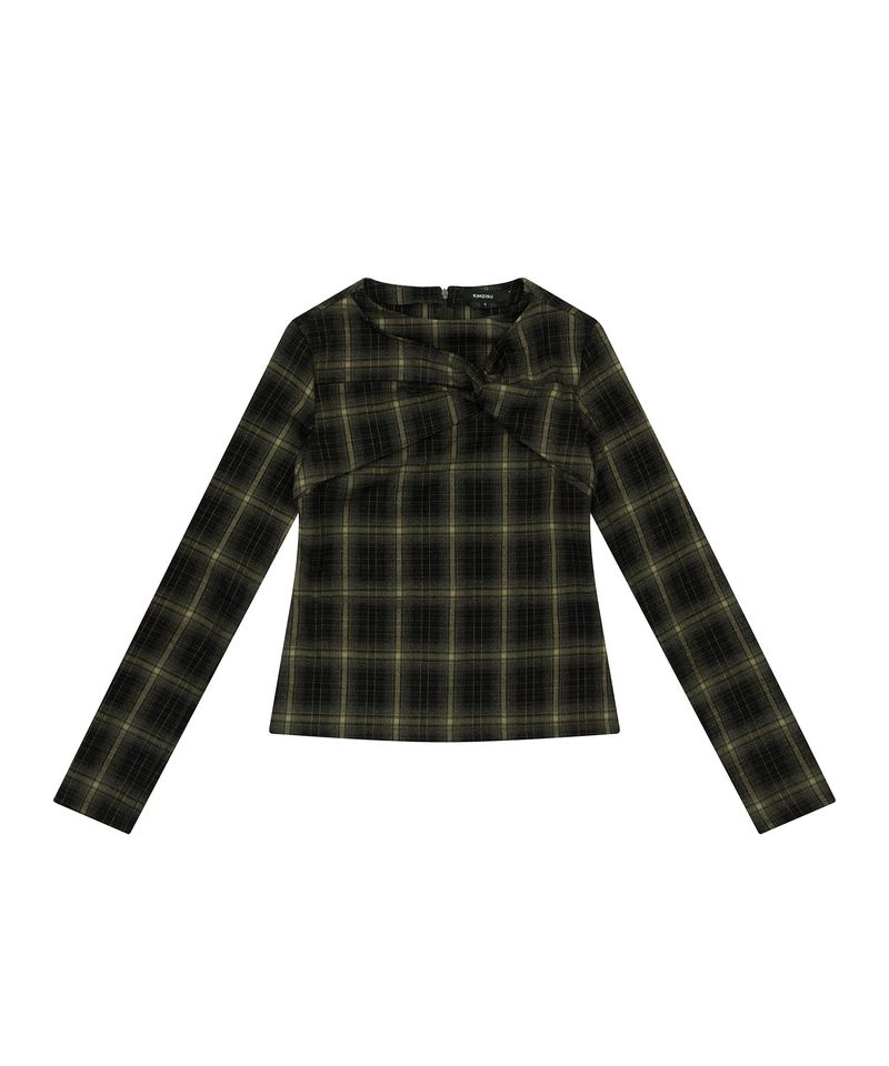 Twisted Check High-neck Top _ KHAKI