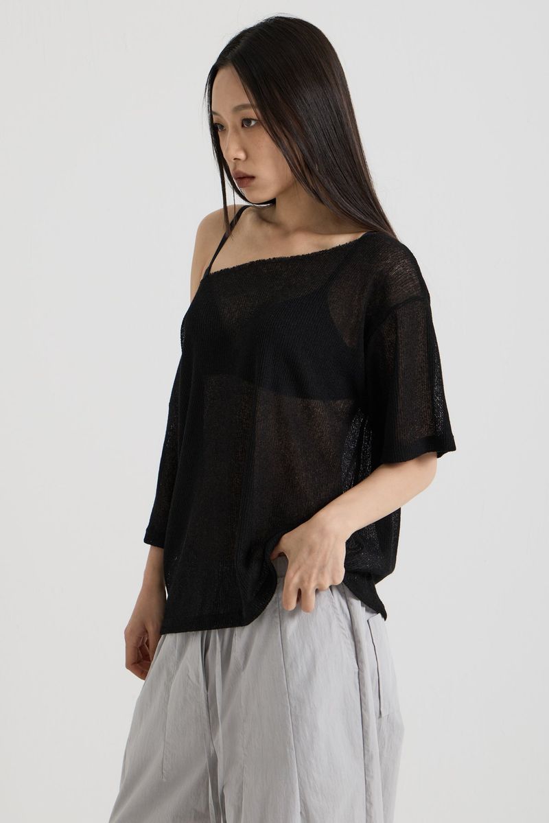 Knit one-shoulder t-shirt, Black