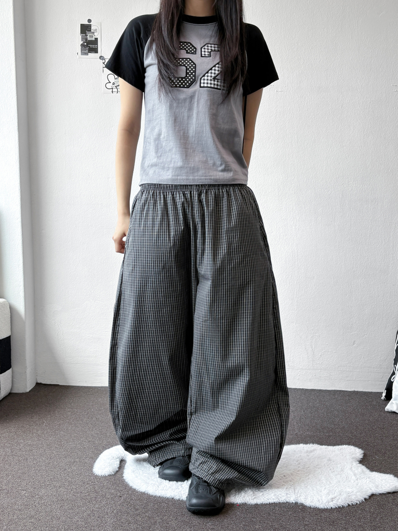 Fluffy Check Elastic Waist Balloon Pants 2Color