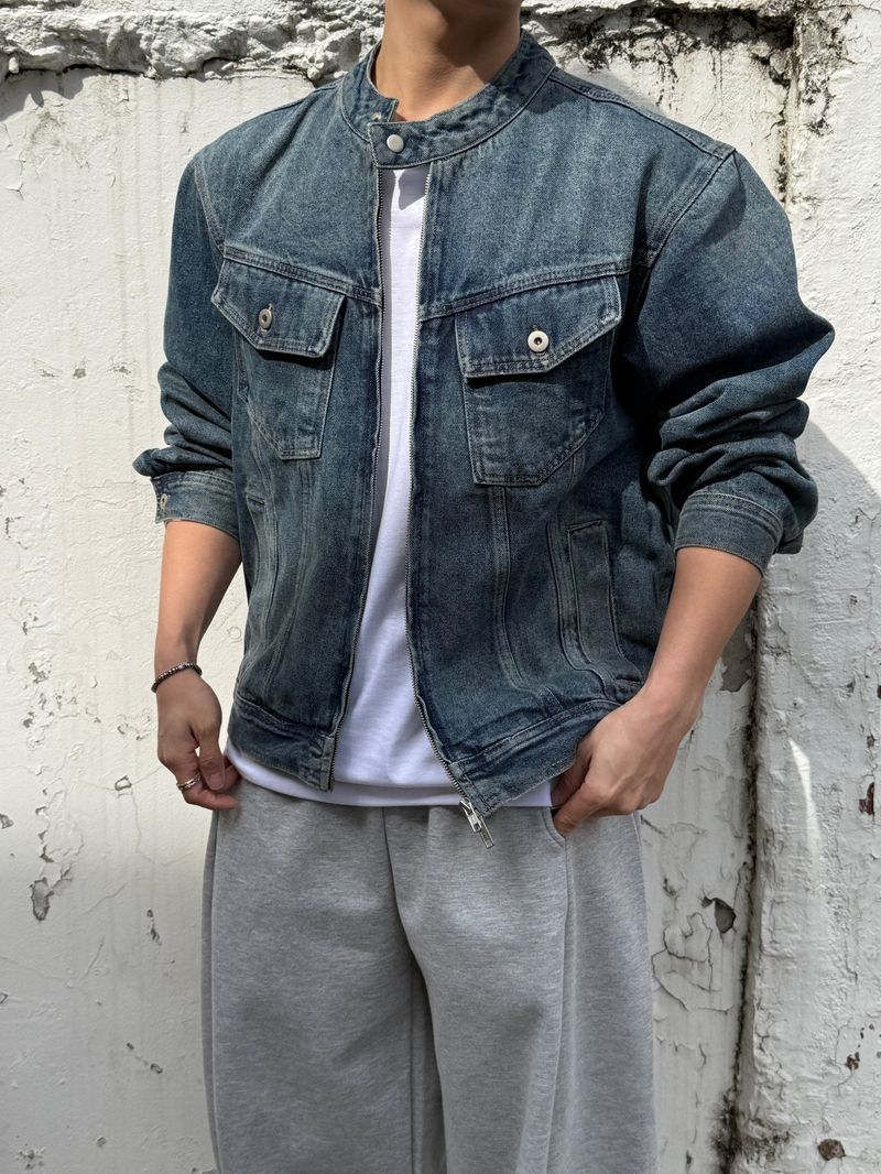 With denim biker jacket