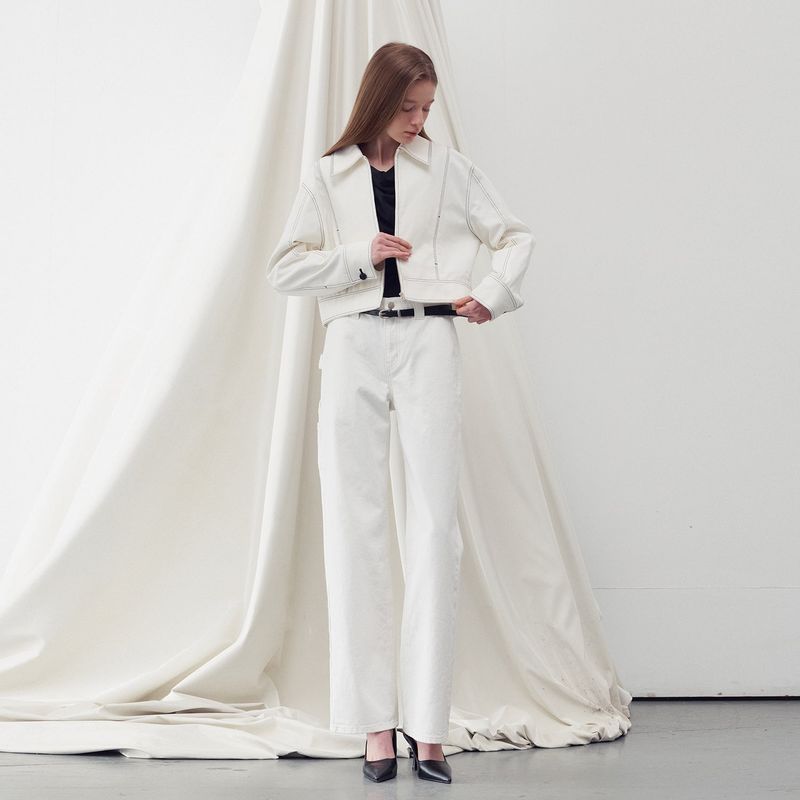 STITCH DETAILED BOMBER JACKET WHITE