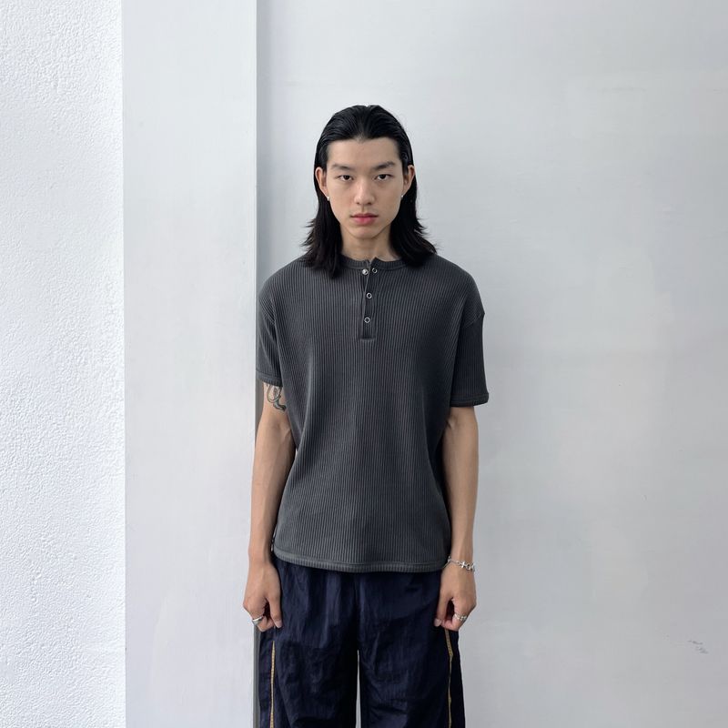 FADE MEET（フェードミート）の「Mineral Grey Button-Neck Tee（Tops）」