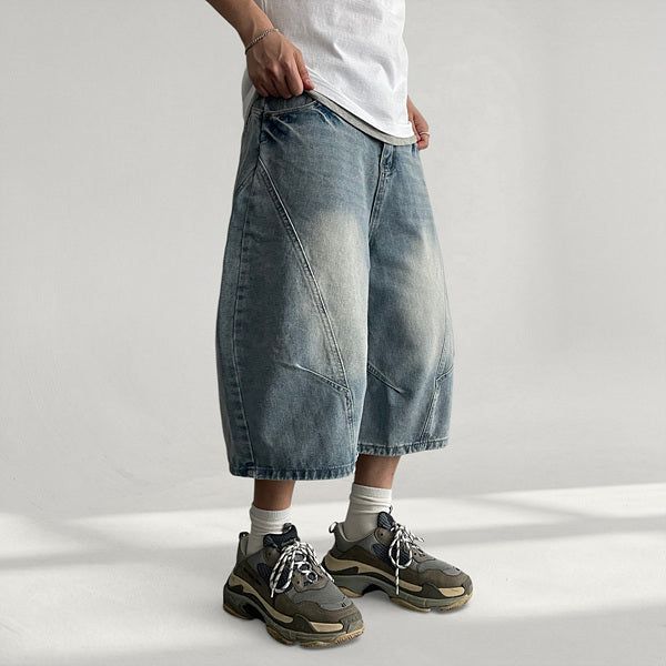 Ment Wash Diagonal Cut Denim Bermuda Pants