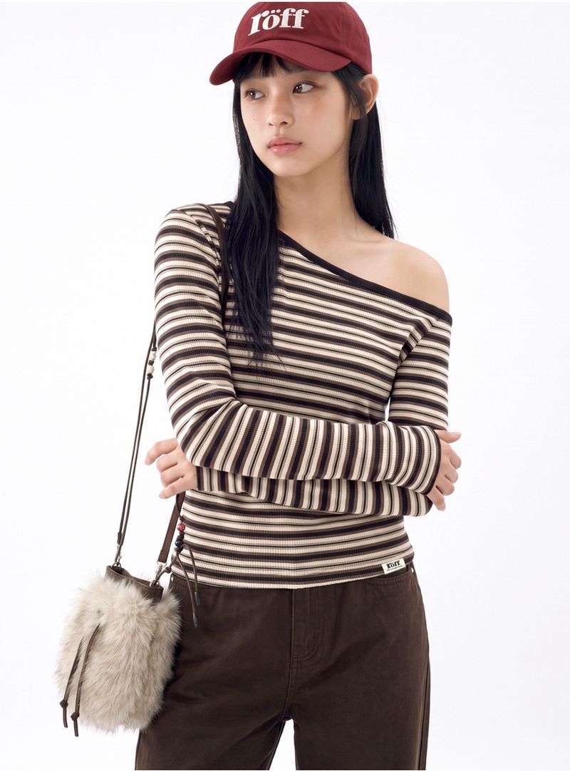 STRIPE OFF-SHOULDER TOP [BROWN]