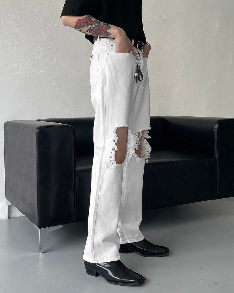 MZ234 Knee Dismiss White Denim Pants