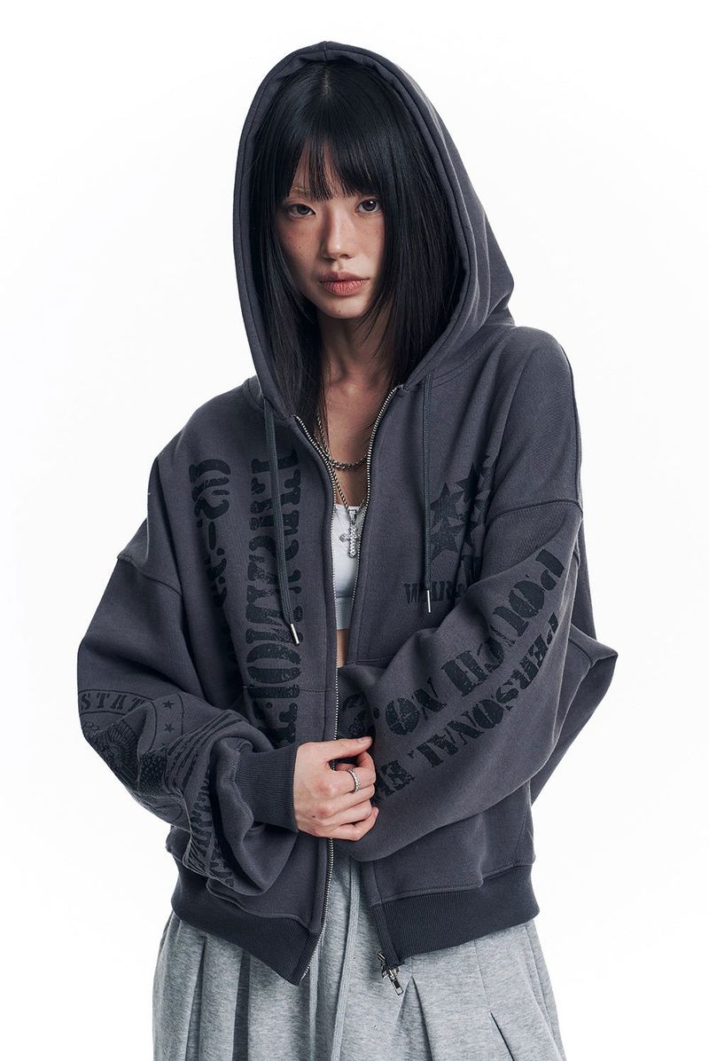 Marine Crack Print Hooded Zip-Up - Charcoal
