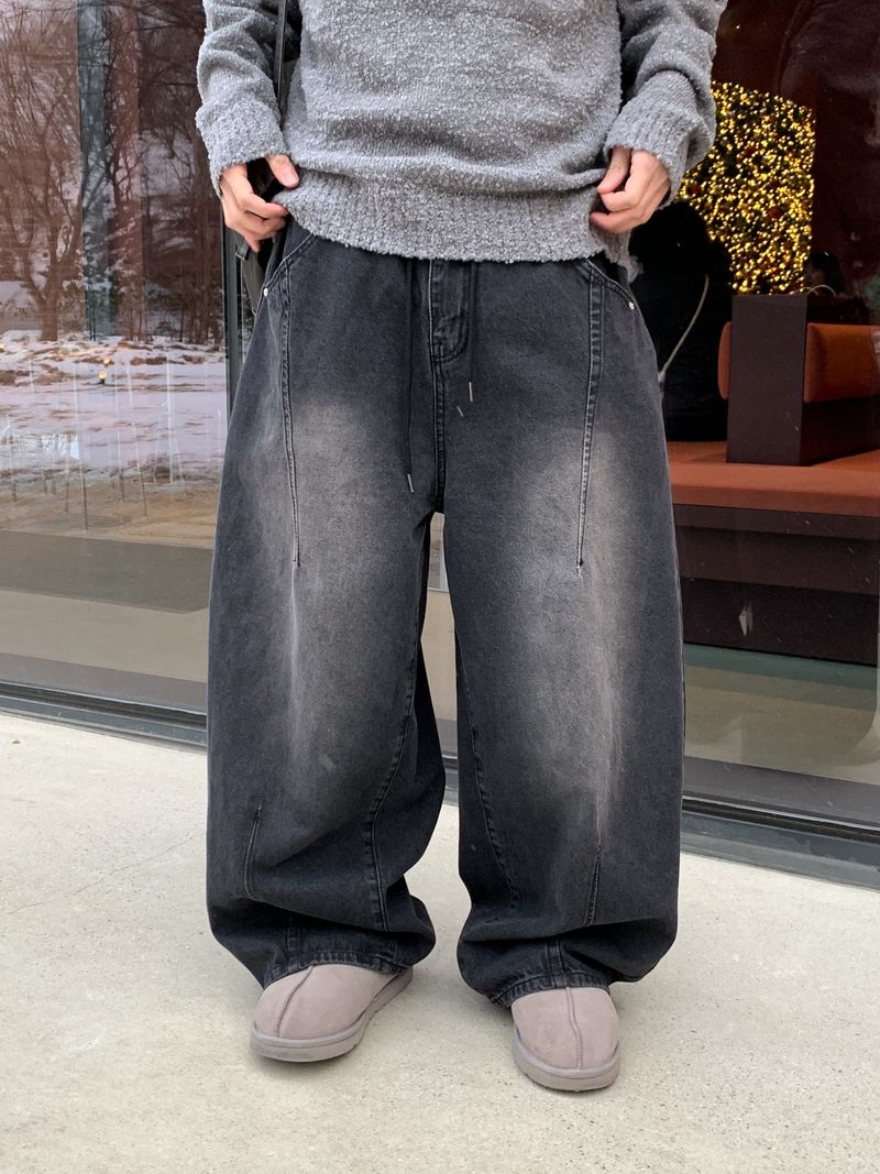 Work vintage patch banding denim pants