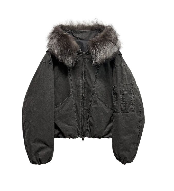 [LANARCH] Fox Fur Hood Bomber Jacket