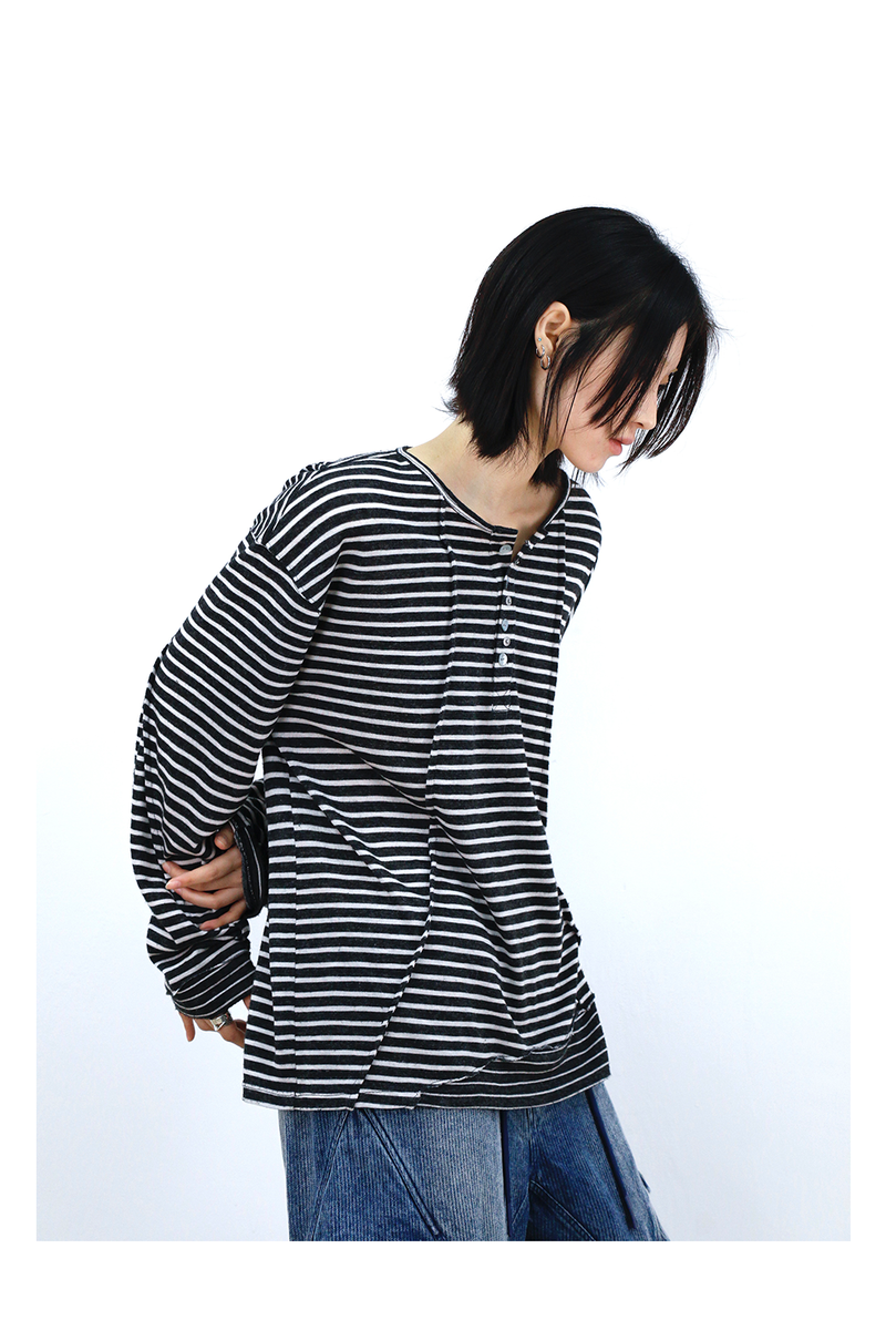 RELABEL (Vision) ライトウェイトベルベティストライプパッチワークロングスリーブTシャツスタッドディテール＆スクープネック