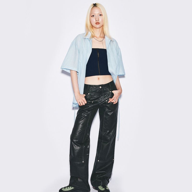 GYEOL（ギョル）の「Eco Leather Semi-boots cut pants [black]（Pants）」