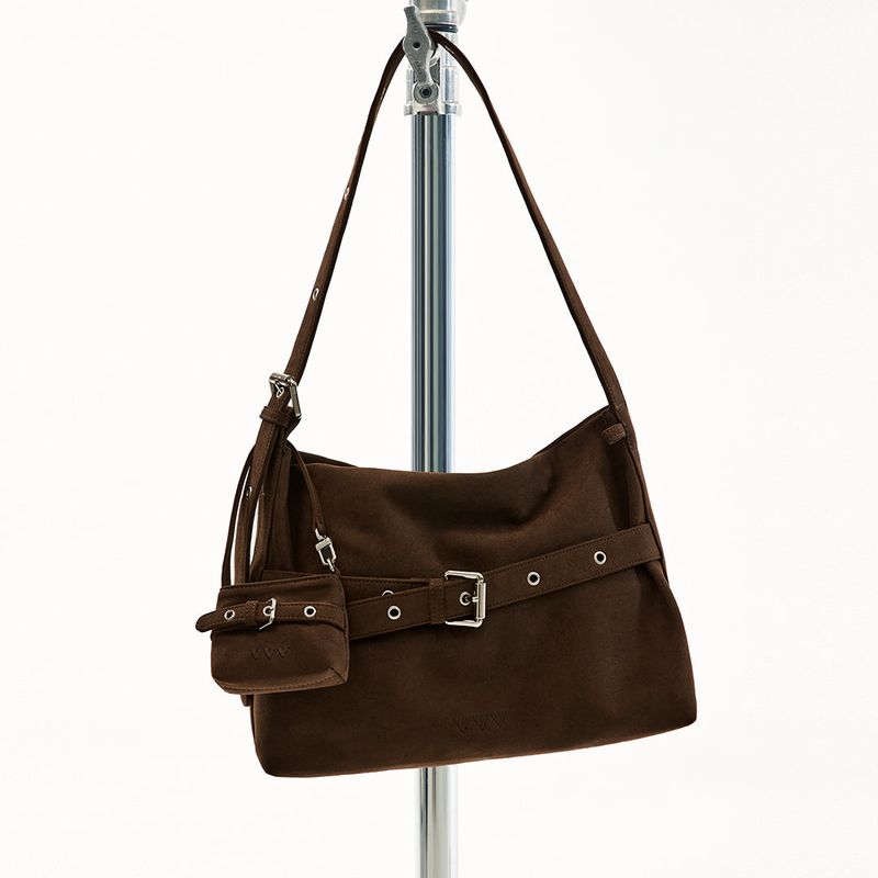 VVV（ブイブイブイ）の「[SET] Medium Suede Buckle Hobo Shoulder Cross Bag _ Dark Brown（Bags）」