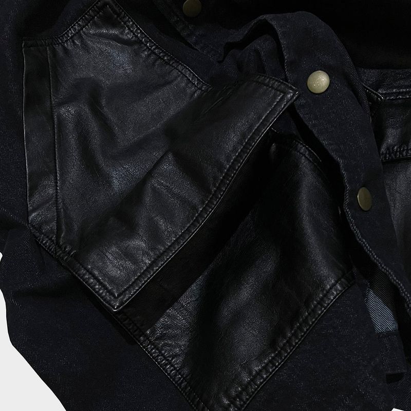 faux leather mix denim shirt_black