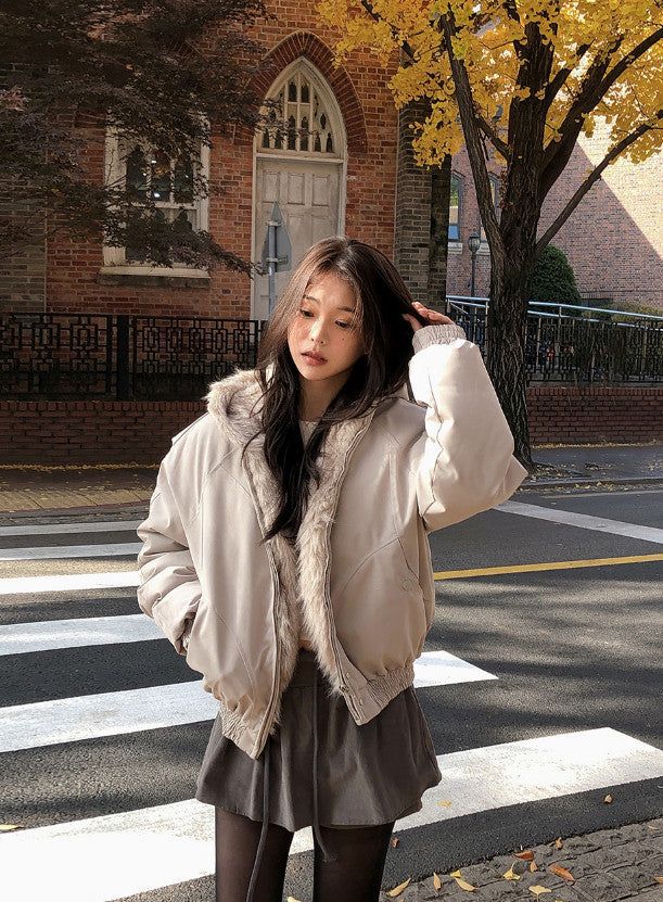 #Fur Hood Crop Zip-up Jumper (2color)