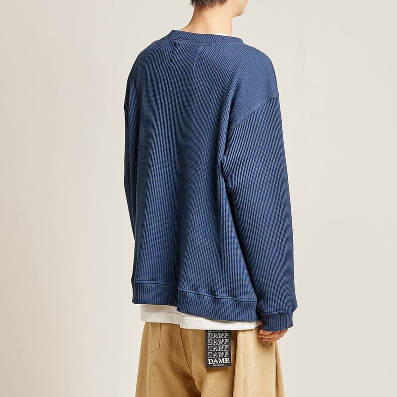 DAMP ROUND-NECK WAFFLE CARDIGAN_NAVY
