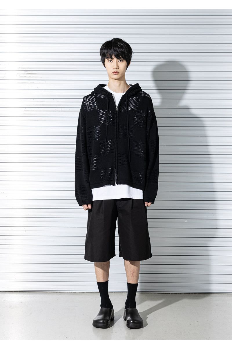 CHECKERBOARD MESHED ZIP-UP KNIT