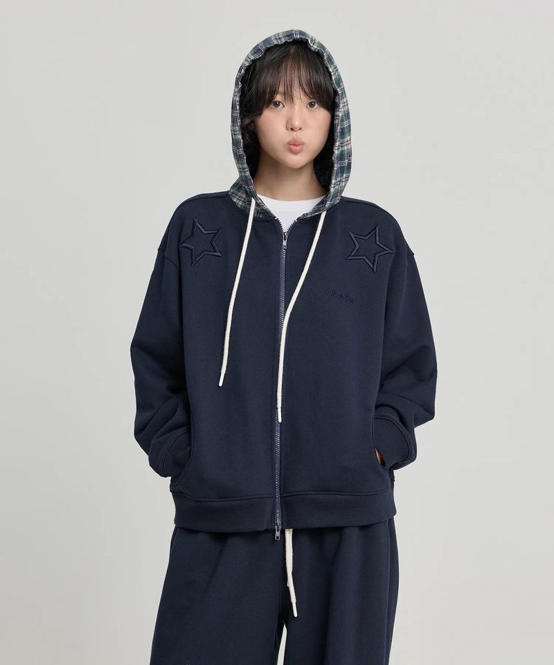 Check Star Embroidery Hoodie Zip Up