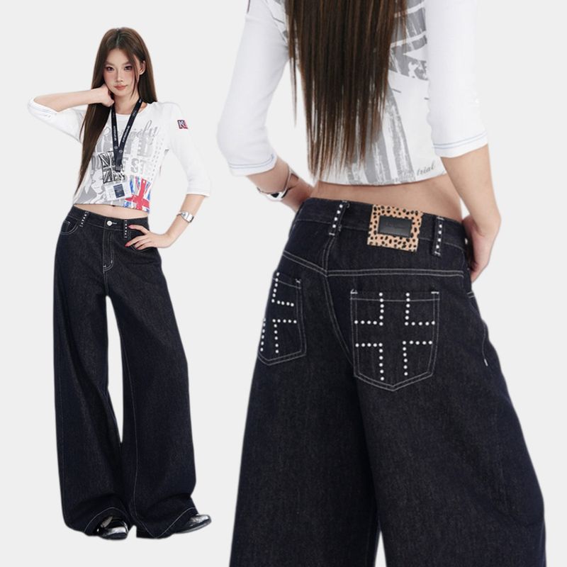 Dark Blue Washed Studded Wide-Leg Jeans