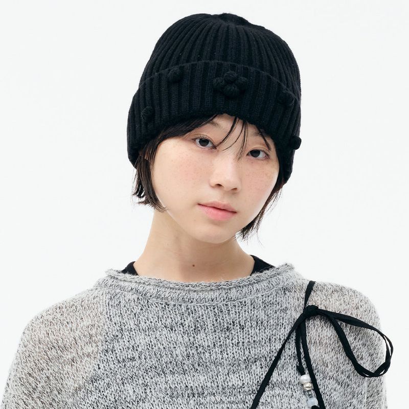 TUOMIO（トゥオミオ）の「POM POM RIBBED BEANIE [BLACK]（Hats）」