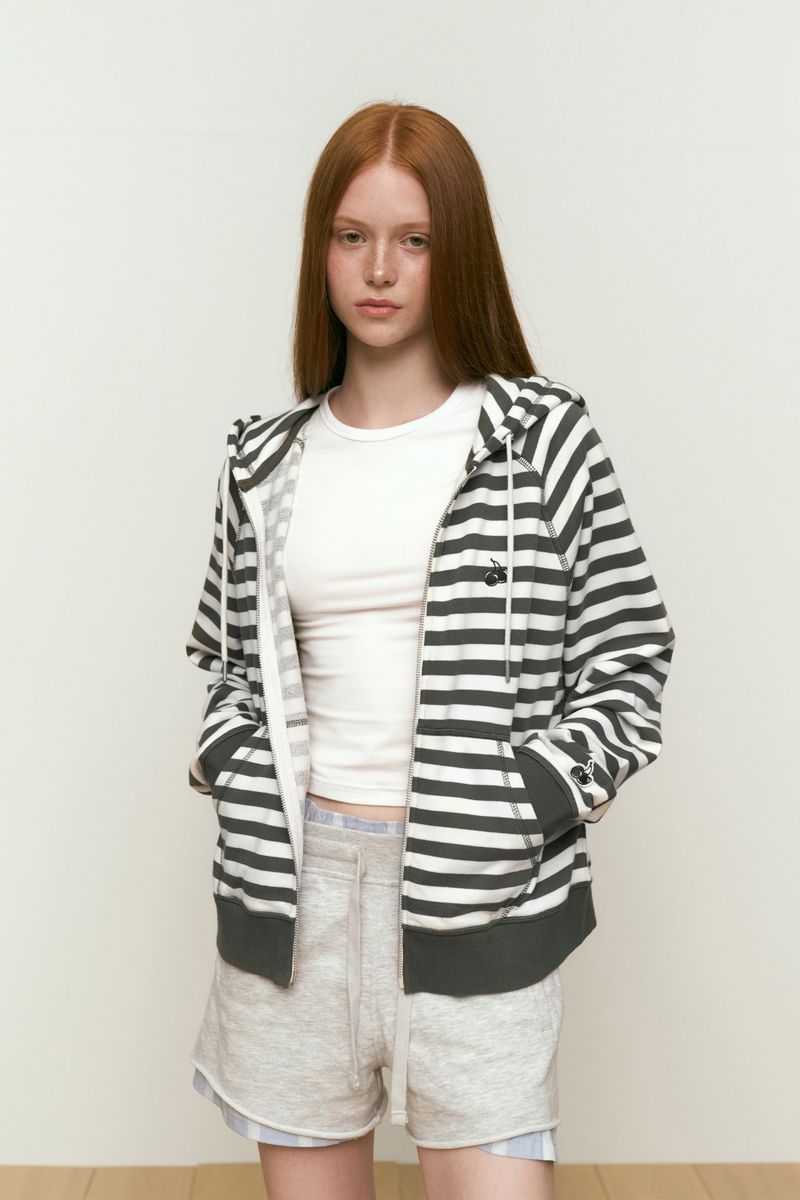 STRIPE HOODIE ZIP UP [KHAKI]