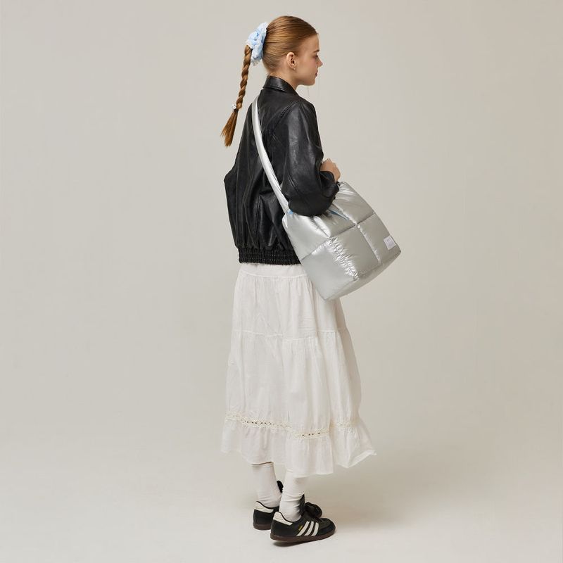 Square Quilting Tote Cross Bag _ Silver