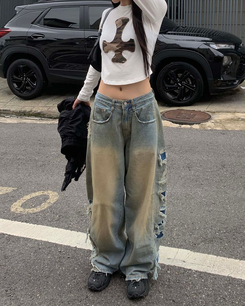 Side vintage denim pants
