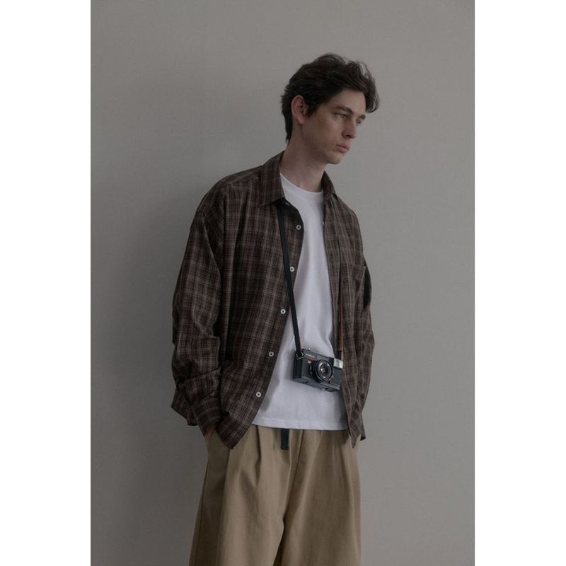 Vintage washing brown check shirts