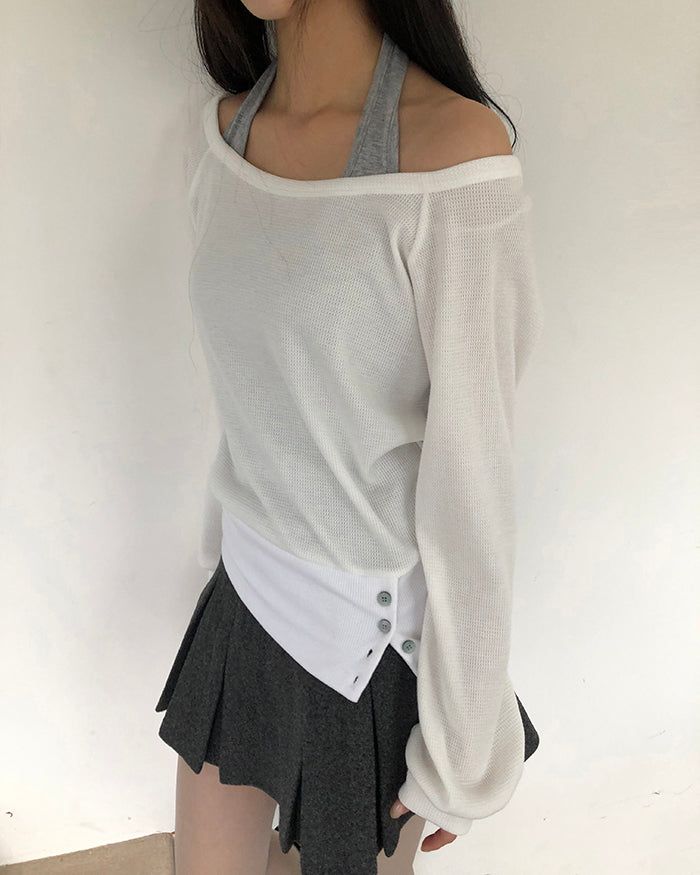 Hamin Halter Waffle Off-Shoulder Sweatshirt Set