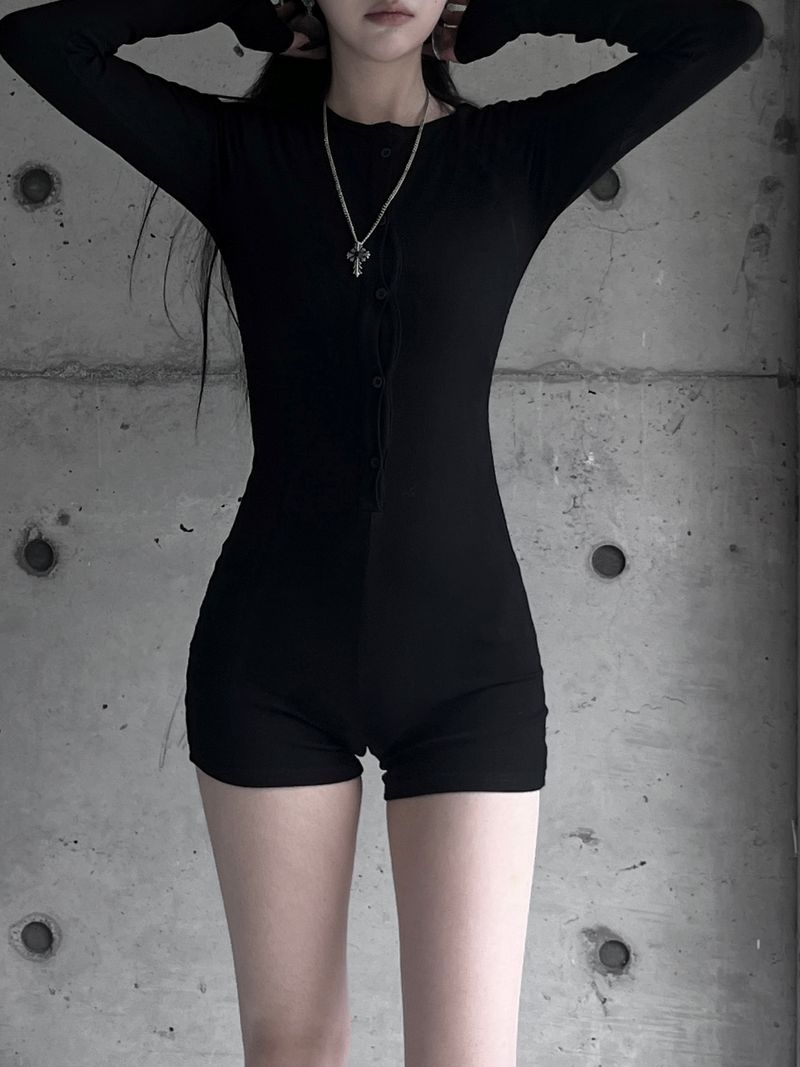 button deep v jumpsuit