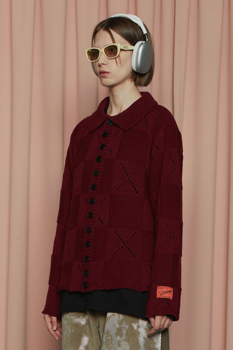 BUTTON ARGYLE KNIT JACKET / WINE