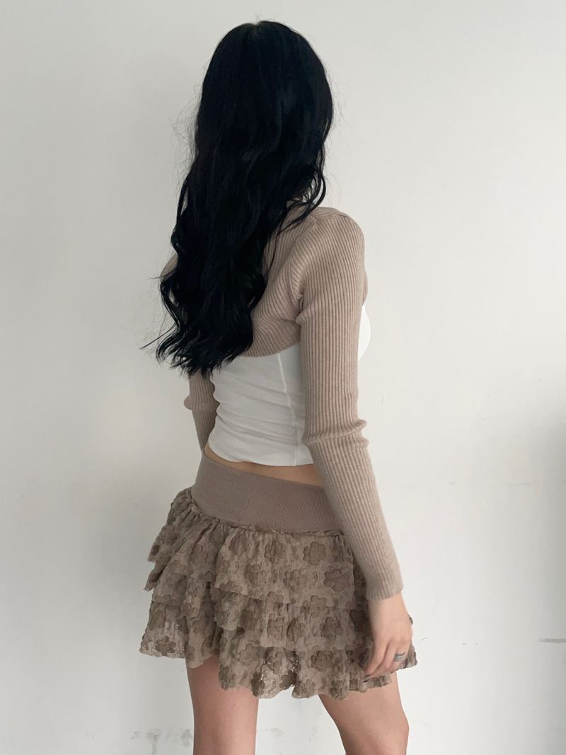 Beige Flower Frill Skirt&Pants