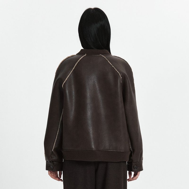 C LINE TRIM FAUX SHEARLING JACKET_BROWN