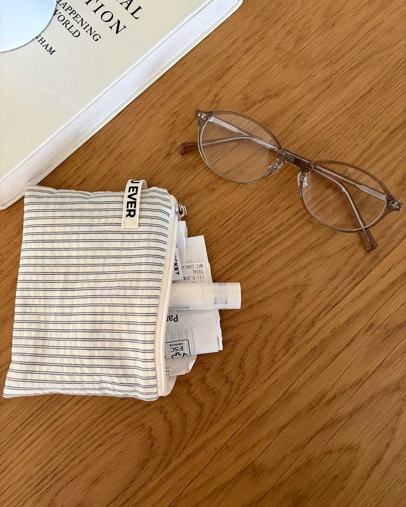 Cotton stripe flat pouch - ivory , S size