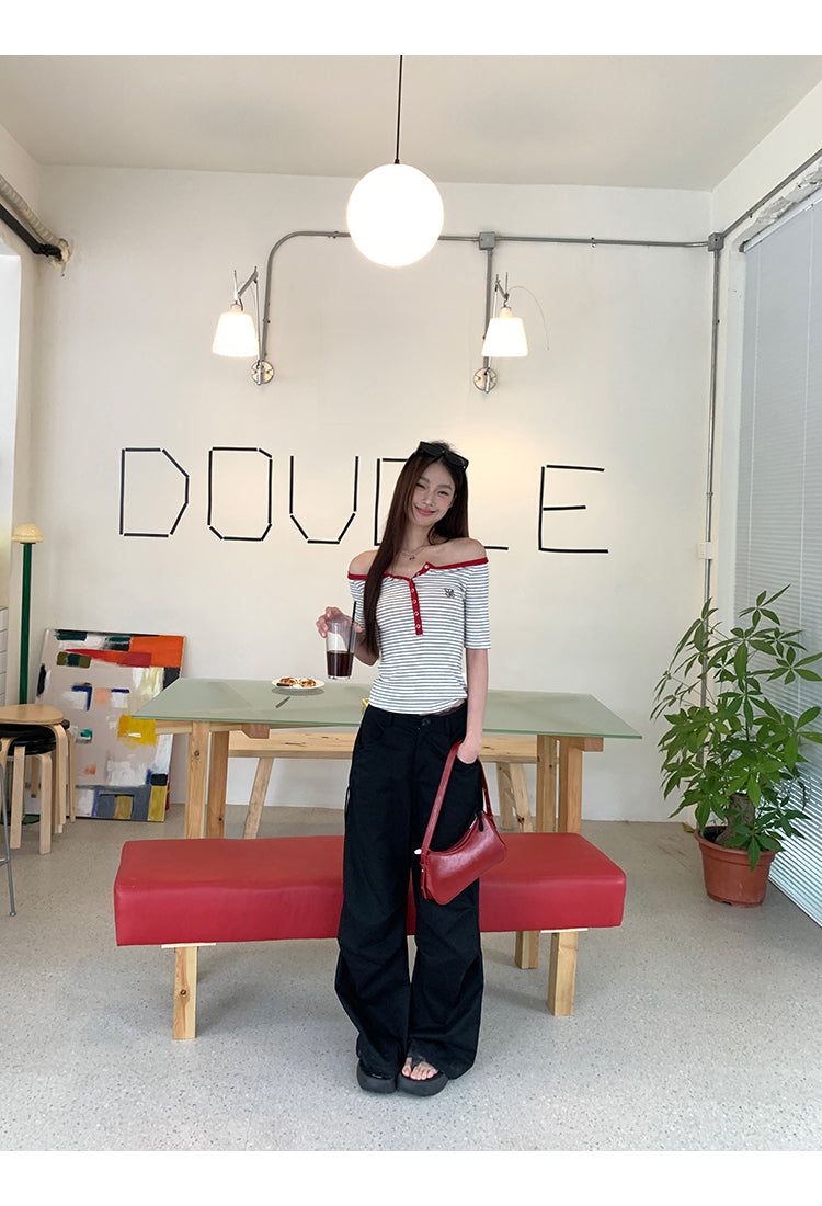 Red Line Stripe Off-Shoulder Top