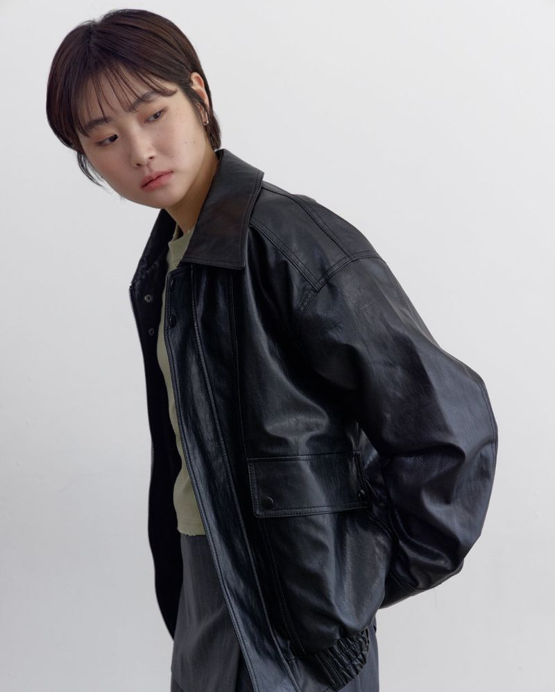 Oversized Faux Leather Blouson (Black)