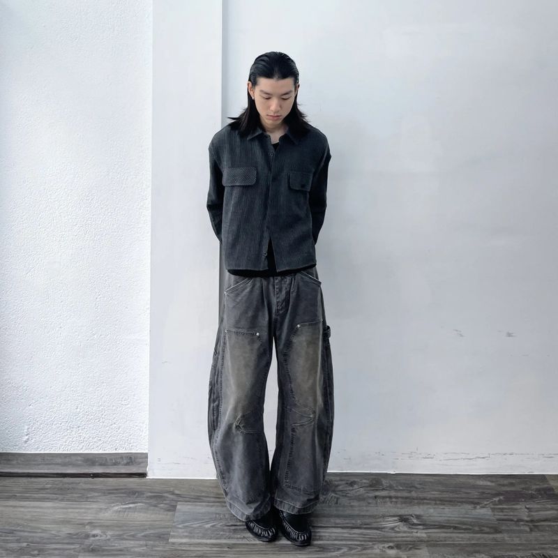Curved Double-Knee Washed Trousers