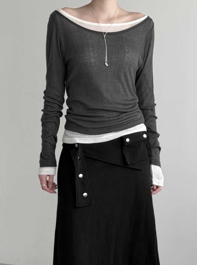 Renne See-through Boat Neck Long Sleeve Tee